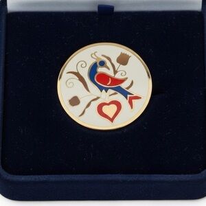 Enamel Bird & Heart Round Pin Brooch Folk‎ Art Distelfink Style Red, Blue & Gold